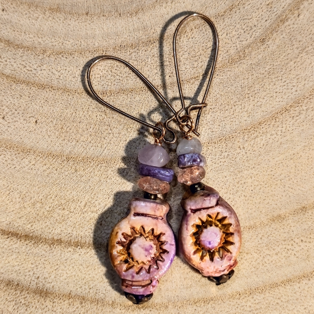Handcrafted Handpainted  Rustic Lavender Stonewear In Clay In Copper Earrings
